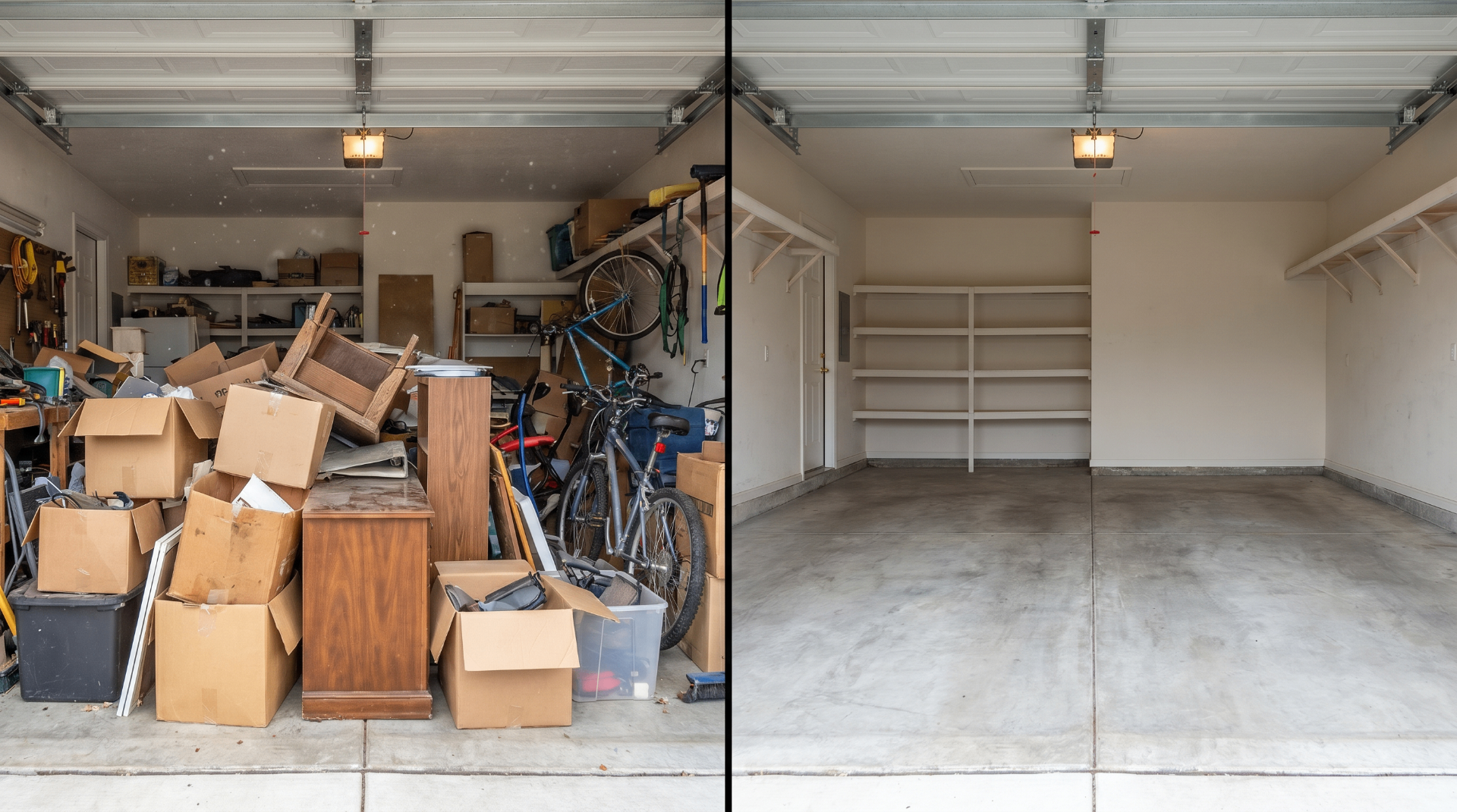 Garage before and after Pinkies Junk Removal